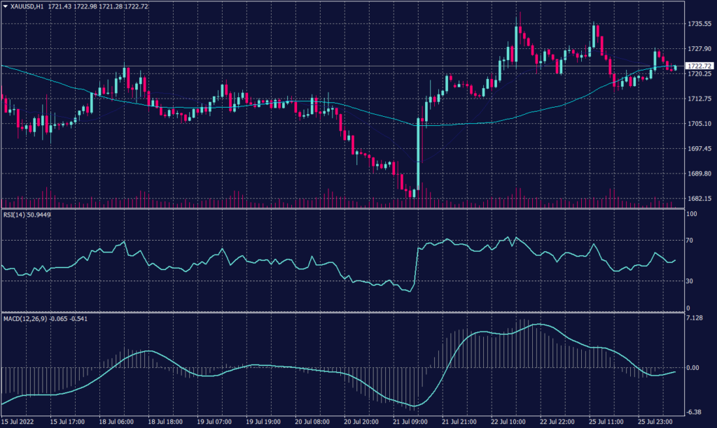 FOMC Meeting showing spot gold chart  a tendency for a decline, but it also shows support above $1,715.