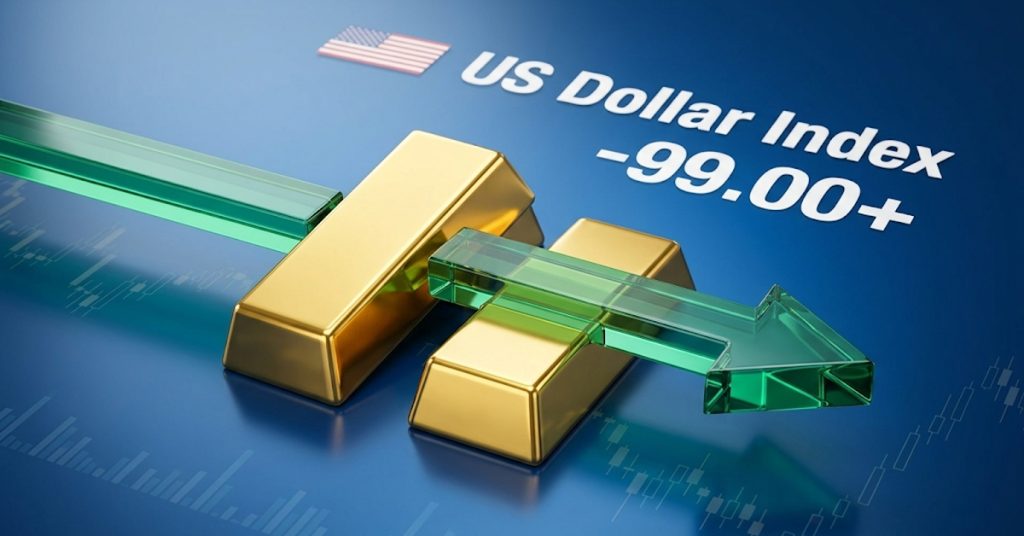 米ドル指数が99.00を上抜ける中、金はレンジ相場が続く